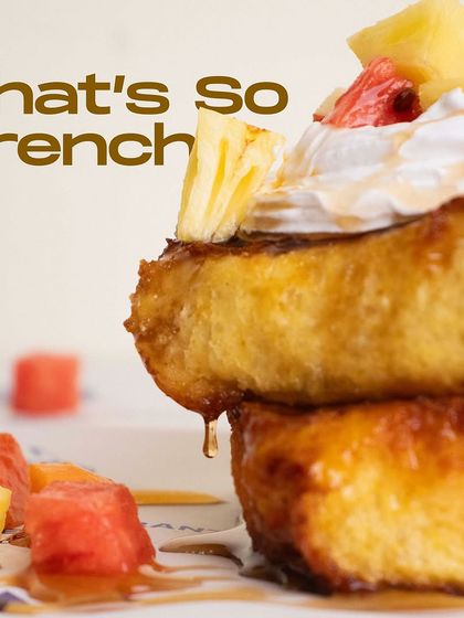 My Pain Perdu, or French Toast, is made with thick slices of caramelized brioche bread. This one is topped with fresh tropical fruits and a dollop of light Chantilly cream.