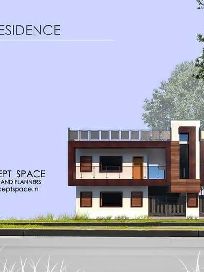 A presentation render for the Dilbag residence. The design is a compact, modern home with a clean material palette of wood and white plaster, suitable for a suburban setting.