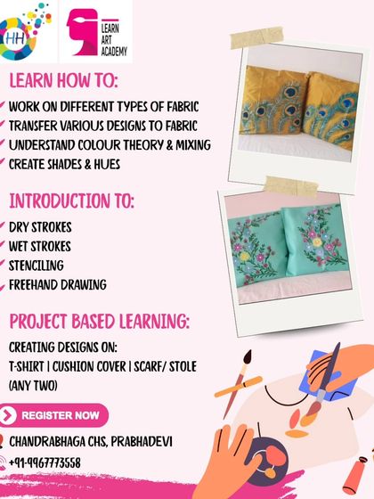 This graphic details the curriculum for our fabric painting course, including working on different fabrics, color theory, and various stroke techniques.