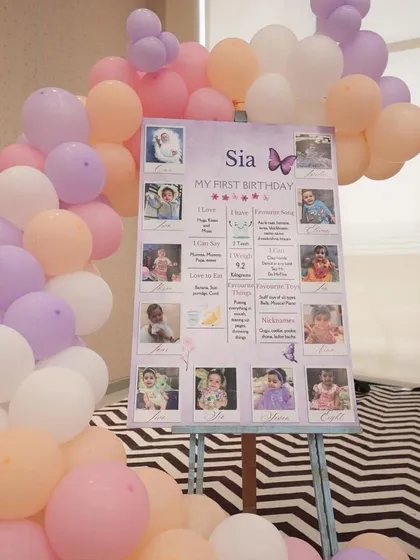 A personalized milestone board for Sia's first birthday, showcasing her journey through the first year. It's a beautiful and personal touch for any first birthday.
