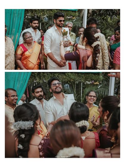 A collage capturing the groom's joyful welcome ceremony, surrounded by the happy faces of family.