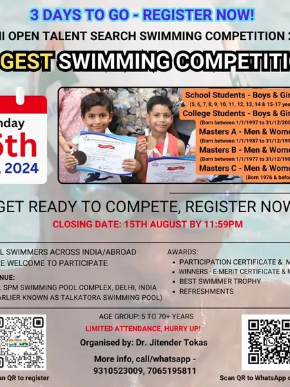 Three days left to register for the biggest swimming competition, with categories for school students, college students, and masters.
