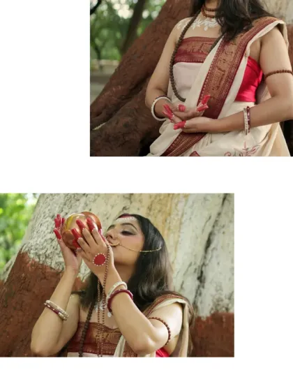 A detailed look at the symbolic elements of the shoot, focusing on the mudra hand gesture and the blowing of the conch shell.