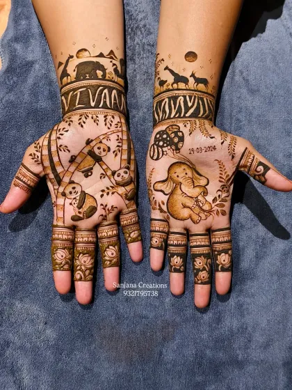 How adorable is this baby shower mehndi? I created this special jungle-themed design with cute pandas and a baby elephant for an expecting mother. It’s the perfect way to celebrate the little one on the way.