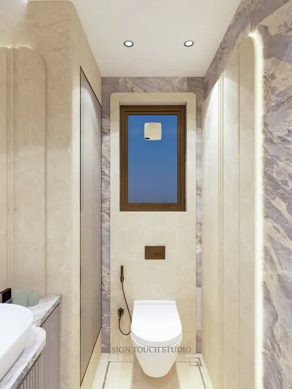This render shows the toilet area with its wall-mounted flush panel and the beautiful contrast between the light and dark marble textures.