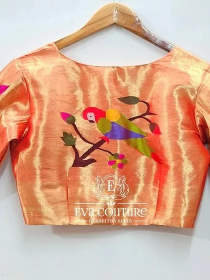 Another back view of the Paithani blouse, showing the beautiful parrot motifs.