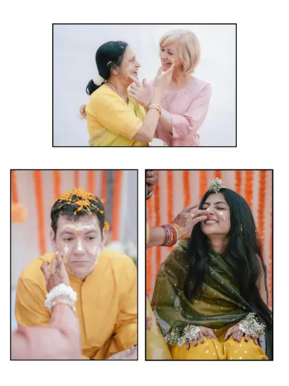 A collage showing the beautiful moments of an inter-cultural Haldi. From the mother's gentle touch to the couple's playful smearing of turmeric, it’s a ceremony that transcends cultural boundaries and is united by love and family.