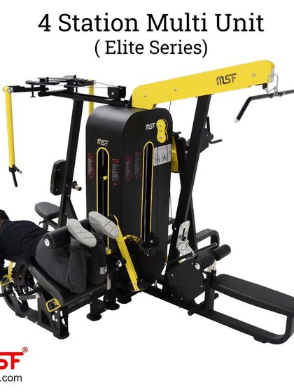 Our 4-Station Multi-Unit from the Elite Series, shown with a user on the leg curl station.