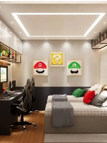A fun and functional Super Mario-themed room designed for two brothers. This space includes twin beds, a dual-station study desk with gaming chairs, and custom wall art, showing how we create personalized and practical modular furniture for kids' rooms.