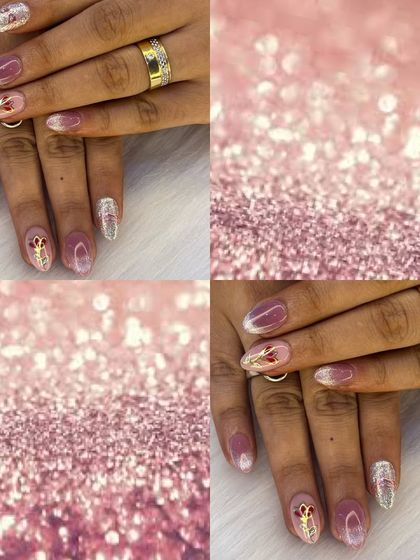 A glamorous collage showcasing a pink glitter ombré look with delicate gold heart accents.
