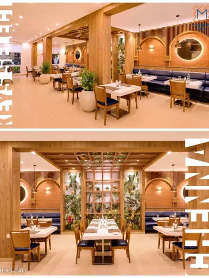 A look at the 'Keys Cafe' in Chennai, where we used warm wood tones, lush green accents, and layered lighting to create a welcoming all-day dining environment. The design includes varied seating arrangements to cater to both groups and individuals.