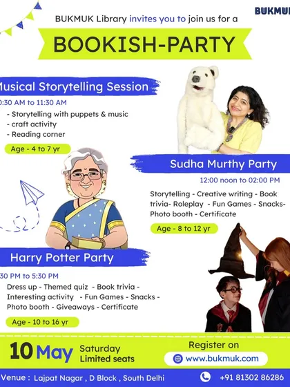 I love celebrating books with themed parties. This flyer shows the variety we offer in a single day, from a musical storytelling session for the little ones to special parties celebrating authors like Sudha Murthy and the world of Harry Potter for older kids.