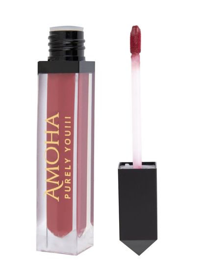 An open tube of 'Amoha' liquid lipstick with the applicator, on a white background.