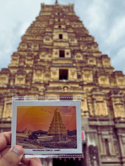 A creative photo of the Virupaksha Temple in Hampi, framed by a polaroid of the same view.