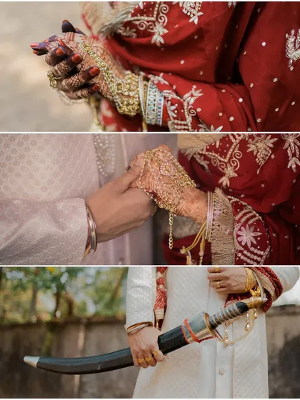 A focus on the details of a Sikh wedding: the bride's henna-adorned hands, the couple holding hands, and the groom's traditional kirpan.