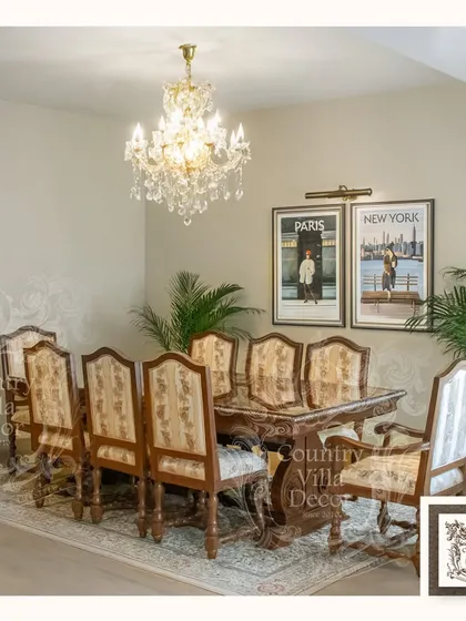 This Louis XV style dining set is a testament to the beauty of intricate craftsmanship. I chose this piece for its hand-carved details, Florentine bloom inlay, and plush upholstery, designed to turn every meal into a special occasion.