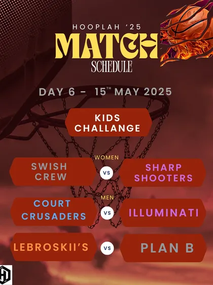 The full match schedule for Day 6 of Hooplah '25, including the Kids Challenge and multiple men's and women's games.