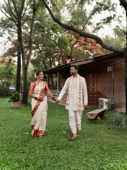 I love being a part of a couple's special journey. For this pre-wedding shoot, I created a timeless South Indian look for the bride that was natural, comfortable, and lasted all day through the outdoor shoot.