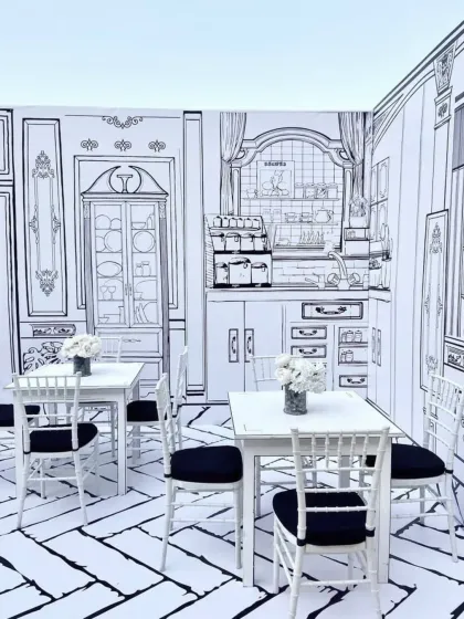 Step into a real-life cartoon with this unique 2D cafe theme. I designed this black-and-white illustrated world for a kitty party, complete with hand-drawn-style furniture and backdrops, offering a truly unique and picture-perfect party experience.