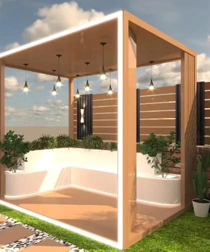 A proposed design for a cozy pergola with built-in planters, creating a green and private seating cube.