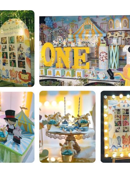 This collage shows the variety of elements from the pastel carnival party, including the milestone board, dessert details, and the main stage setup.