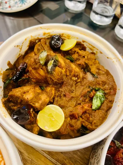 Chicken Chettinad, a classic dish known for its complex and spicy flavour profile. We use whole spices and a traditional recipe to bring this authentic taste to your table.