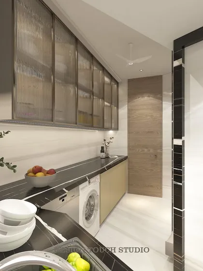 This render highlights the utility area of the kitchen, with an integrated washing machine and dishwasher, and stylish frosted glass upper cabinets.