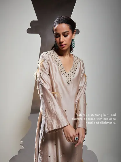 A close-up of the Dara Kurti Set, showing the stunning kurti and sharara adorned with exquisite hand embellishments and delicate feather details.