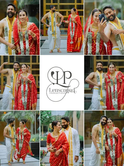 A collage showcasing the fun and playful side of a South Indian couple on their wedding day.