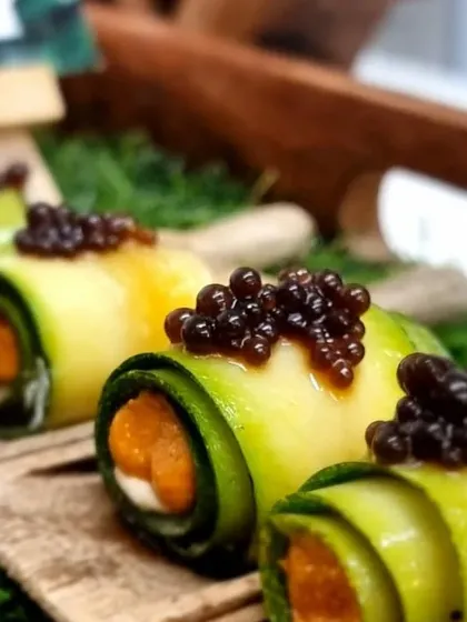 Zucchini rolls filled with a savoury mousse and topped with balsamic caviar. A light, elegant, and healthy canapé option for any party.
