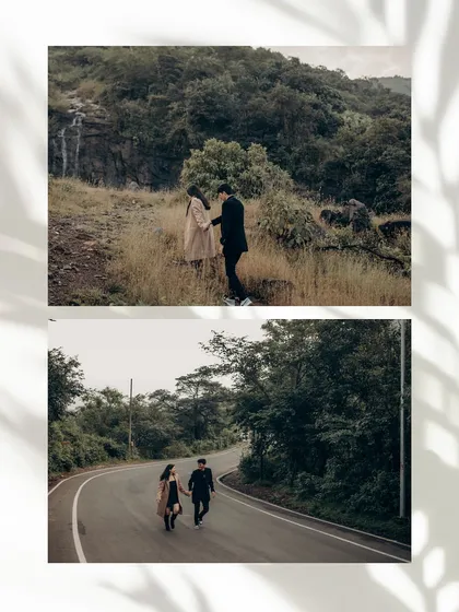 Two portraits from a pre-wedding shoot in a lush, green location. The images capture the couple walking together on a country road and sharing a moment near a small waterfall.