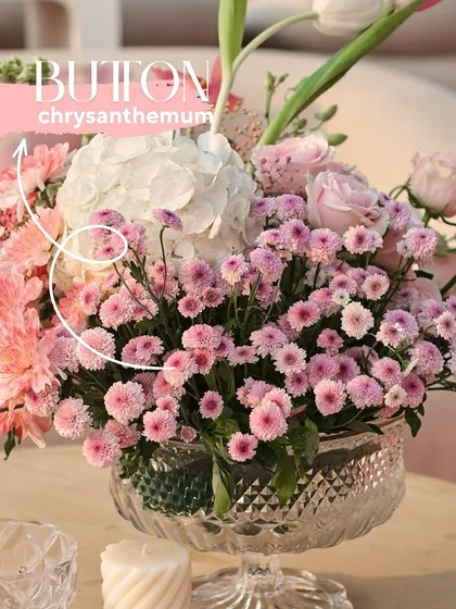 A close-up identifying the button chrysanthemums used in the floral arrangements, showing the variety of blooms I work with.