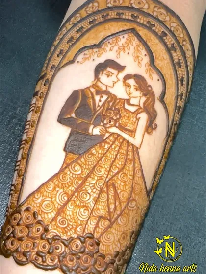 A close up of the western couple portrait on the arm, showing the detailed work on the gown and the delicate shading that adds depth to the figures.