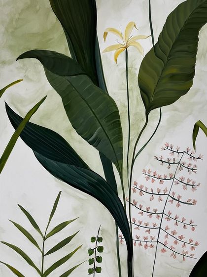 A finished panel of tropical foliage, showcasing a variety of leaves and a delicate yellow flower. This piece is about the wild, sweet energy of nature.