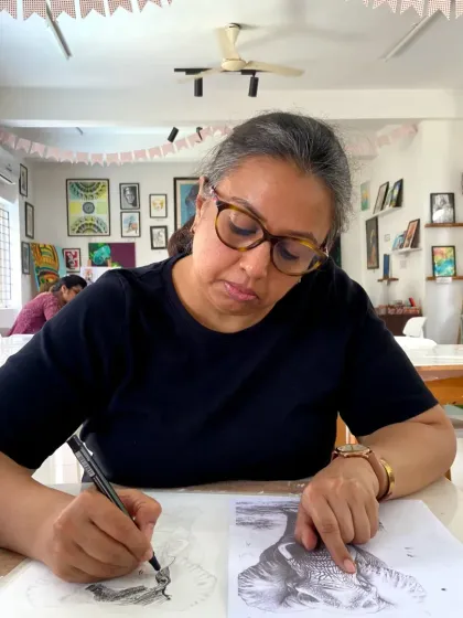 A student in our sketching course working on a detailed drawing of an elephant. The course helps you tackle complex subjects with confidence.