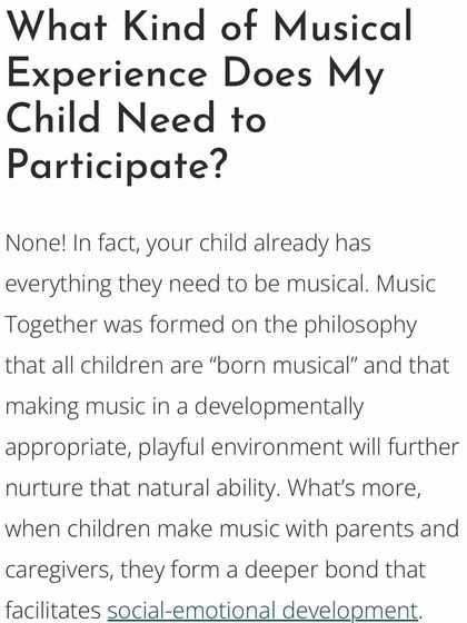 Do you need any musical experience to join? Absolutely not. This excerpt explains our philosophy that all children are born musical, and our job is to nurture that natural ability.