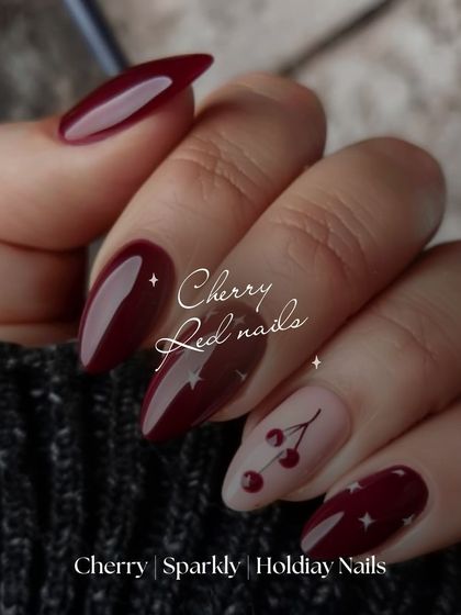 A sweet and playful design. This cherry red manicure features a cute cherry accent nail, adding a touch of fun to a classic color.