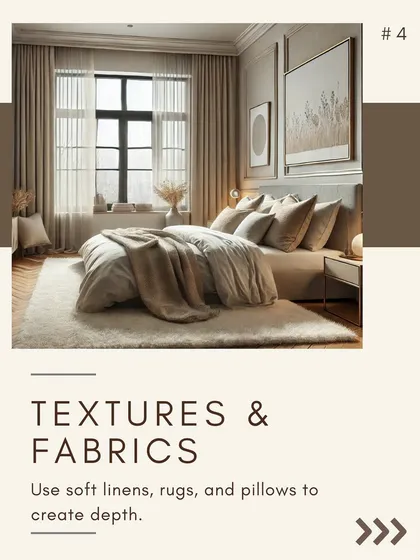 Textures and fabrics add depth and comfort. I love using soft linens, plush rugs, and a variety of pillows to make a bedroom feel inviting and luxurious.