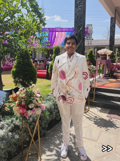 Another shot of this wonderful hand-painted carnival outfit. The abstract design flows across the jacket, making it a unique piece of art that stands out in a crowd.