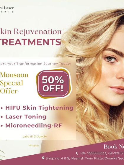 A monsoon special offer on some of our most effective skin rejuvenation treatments, including HIFU Skin Tightening, Laser Toning, and Microneedling-RF.