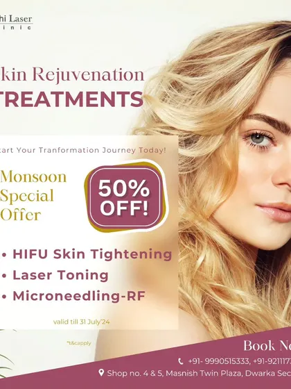 A monsoon special offer graphic, featuring a significant discount on our top skin rejuvenation treatments, including HIFU skin tightening and Microneedling RF.