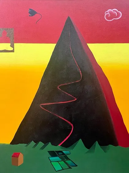 A full view of Babu Eshwar Prasad's 'Girinathiya Mandiradali'. The painting's title and composition invite viewers into a unique, imaginative world, which was a highlight of our No-Reserve Auction.