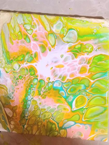 The full canvas before the heart shape is defined. This shows the raw, untamed beauty of an acrylic pour before it's given its final form.