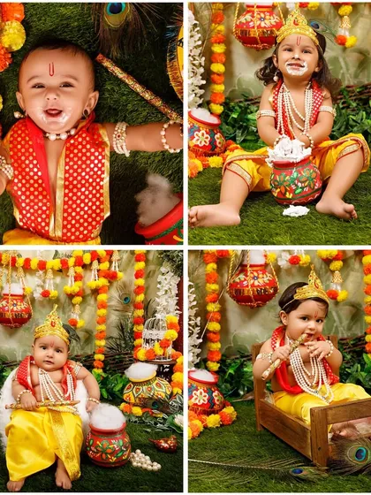 A promotional collage for the second round of Janmashtami mini sessions, showing examples of the Krishna theme.