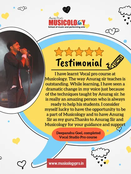 Deepanshu Goel, who completed the Vocal Studio Pro course, notes the dramatic change in his voice from the techniques I teach. He highlights my commitment to helping students succeed.