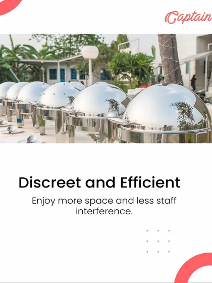 Our drop-off service is both discreet and efficient. A line of classic silver chafing dishes on a neatly set table shows how you can have an elegant food setup without the presence of on-site staff.