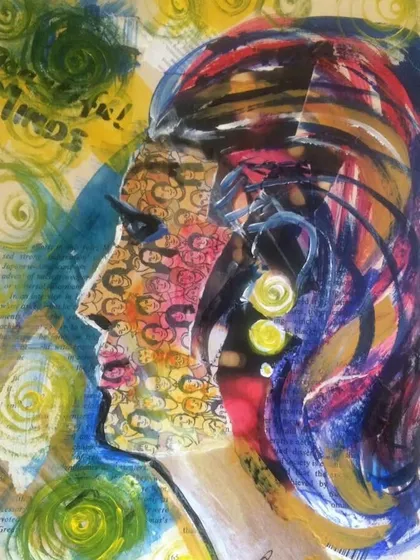A vibrant mixed-media portrait. The face is a collage of smaller faces, and the hair is a swirl of colorful, abstract brushstrokes, creating a dynamic and thought-provoking piece.