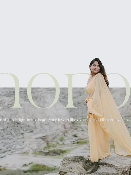 A wide, cinematic shot with a romantic text overlay. This style of editing is perfect for creating a 'Save the Date' or a title page for your pre-wedding album.