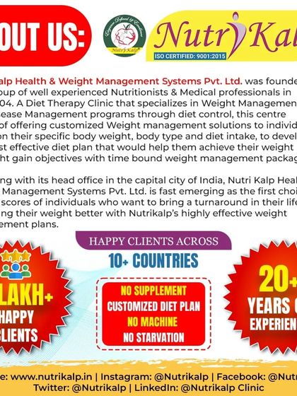 This "About Us" graphic details our 20+ years of experience and 5 lakh+ happy clients. We specialize in diet therapy programs that are customized, with no supplements, machines, or starvation.