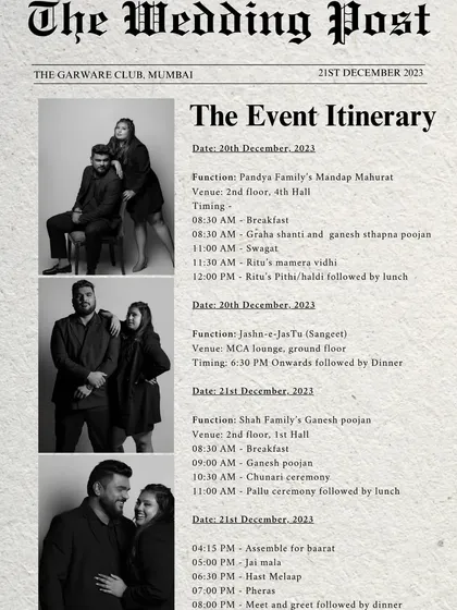 A sample of 'The Wedding Post', a personalized newspaper concept I created, showing the event itinerary.